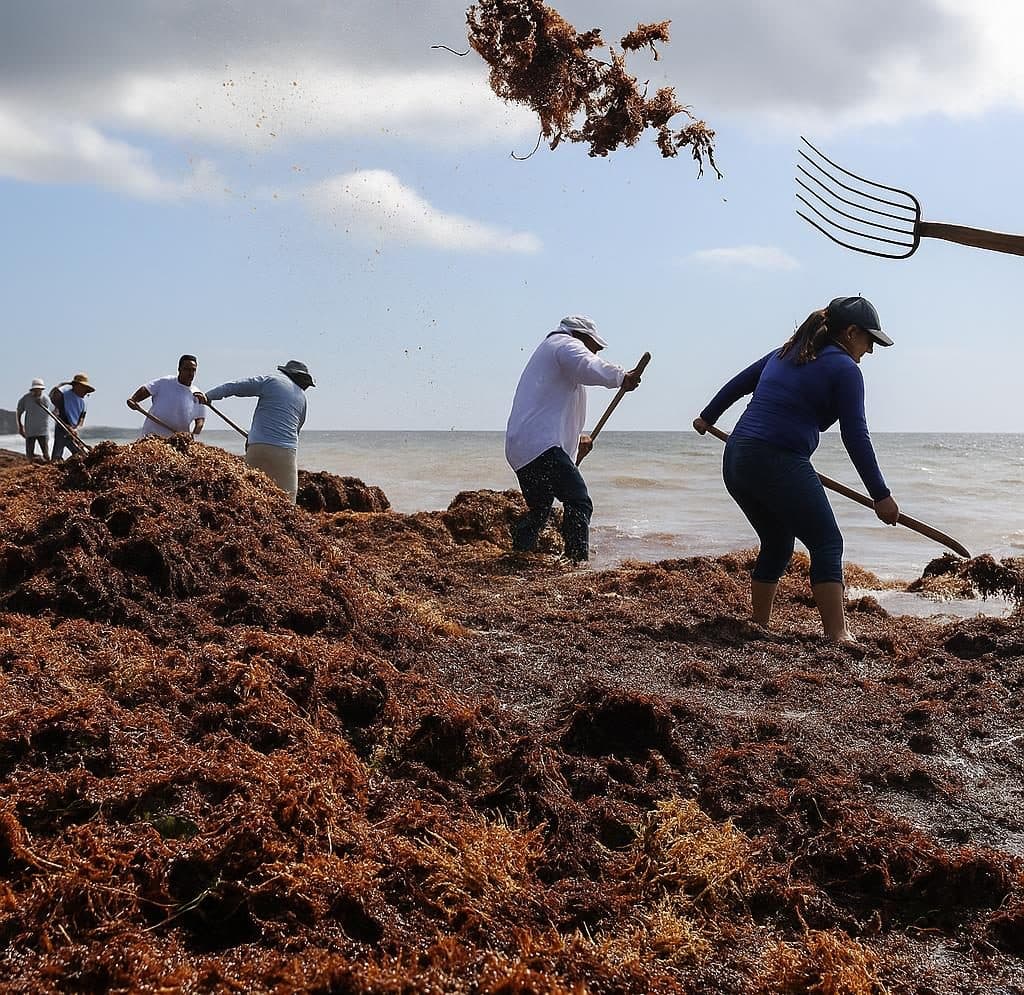 Crew removing sargassum from the beach