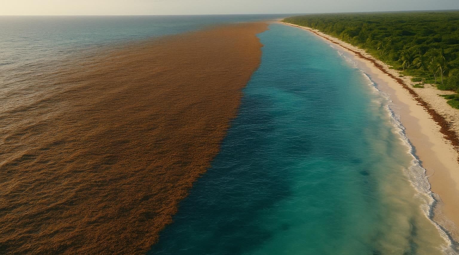 Aerial view of a sargassum band off a Caribbean beach