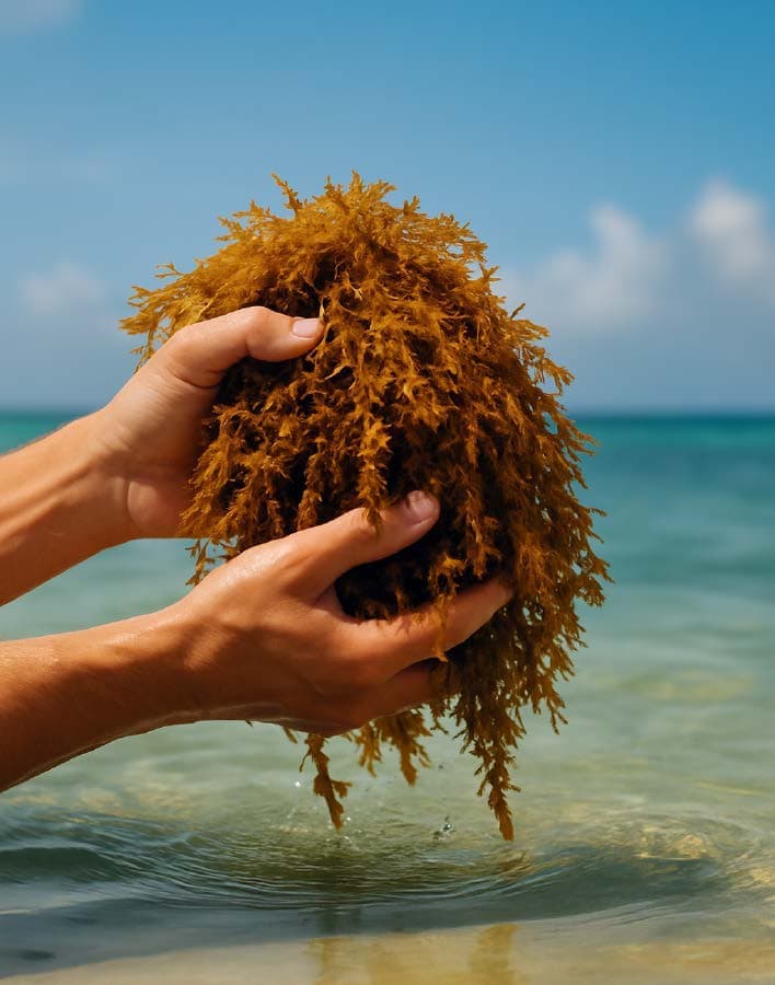 Hands holding sargassum at the shoreline